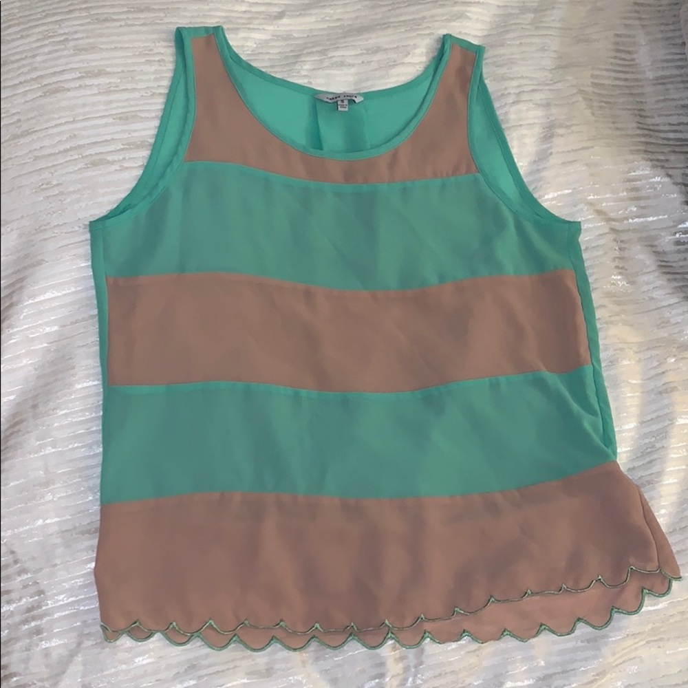 Teal / tan brown stripe shirt with scallop detail